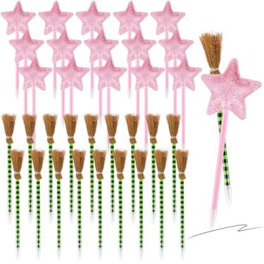 Imagem de Geyoga Pacote com 40 lembrancinhas de festa de princesa e bruxa, rosa e verde, incluindo 20 canetas esferográficas de estrela rosa, 20 canetas de vassoura de bruxa, acessórios de presentes para