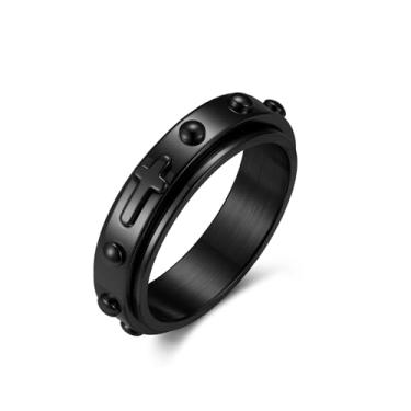 Imagem de Adreamz Anel giratório de 6 mm para alívio da ansiedade com contas de rosário cruz oração prata / preto/ouro/ouro rosa anel de aço inoxidável, Metal, Sem pedra preciosa
