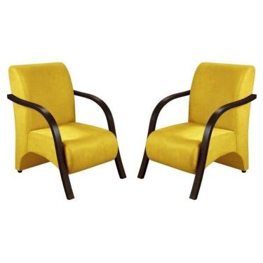 Imagem de Conjunto Poltrona Decorativa Sevilha Braço Madeira Kit 3 Peças Confortável Sala Suede Amarelo