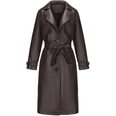 Imagem de Trench Coats Femininos Outono Jaqueta De Couro Longa Feminina Lapela Jaqueta De Couro Pu Jaqueta Feminina Com Cinto, Brown, XL