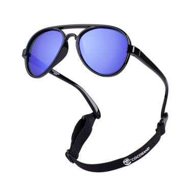 Imagem de COCOSAND Óculos de sol aviador para bebês meninos meninas com alça polarizada flexível retrô piloto para bebês de 0 a 24 meses, Armação preta, lente azul, X-Small (Age 0-2)