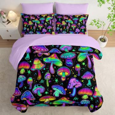 Imagem de AILONEN Jogo de cama solteiro com desenho animado de cogumelo mágico, fantasia preto gradiente, plantas gradientes, lençol com elástico, lençol de cima e 2 fronhas, 2 fronhas