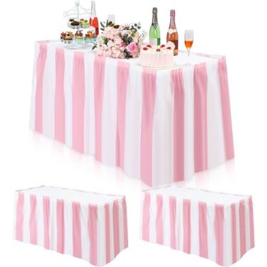 Imagem de Remagr Pacote com 3 saias de mesa rosa de carnaval decorações de festa saias de mesa listradas rosa e branco decorações de carnaval descartáveis para decoração de festa de circo suprimentos de chá de