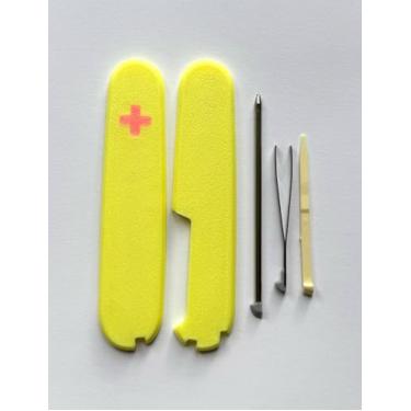 Imagem de Capas de substituição para balanças Victorinox mais alças de plástico de 91 mm com pinça de palito e caneta esferográfica que brilham no escuro (amarelo)