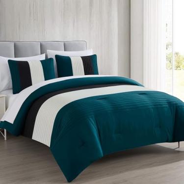 Imagem de Chezmoi Collection Briar Cama Queen em uma bolsa de 7 peças – Conjunto de edredom leve de microfibra para todas as estações – inclui lençóis e fronhas – Design listrado plissado/preto/branco