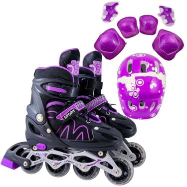 Imagem de Patins Roller Inline 4 Rodas Skates Ajustavél - Patins Inline para Jovens e Adultos - Confortável e Seguro para Iniciantes + Kit Completo com Capacete e Proteções(Roxo/Roxo, Roller M (33 ao 36))