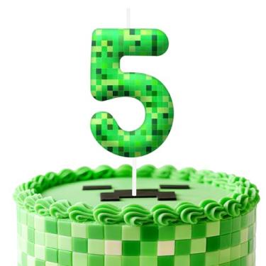 Imagem de Velas de aniversário verdes número 5, topo de bolo com tema de pixel para decoração de bolo para meninos e meninas, decorações de aniversário, suprimentos de festa, velas numéricas para decoração de
