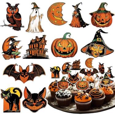 Imagem de AmazingSpark 48 peças de topo vintage de cupcake de Halloween vintage palitos de dente para aperitivos retrô abóbora gato bruxa picaretas de coquetel para bolo sobremesa frutas picaretas de comida