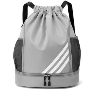 Imagem de Mochila Esportiva com Cordão Espaçosa Bolsa 4 Bolsos Ideal para Esportes Chuteira Bolas Academia Material Impermeável Separação Roupas Secas e Molhadas Unissex (Cinza)