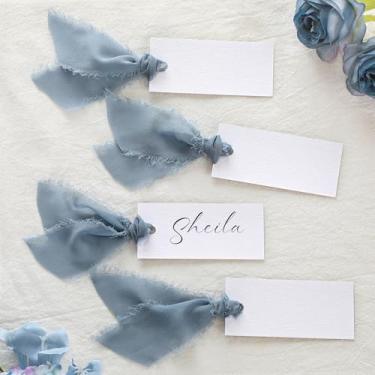 Imagem de Humyoun 50 cartões com nome para colocar mesa, cartões de casamento em branco com fita de chiffon, etiquetas de presente penduradas de 4 x 9 cm para casamento, jantar, banquete, festa, mesa