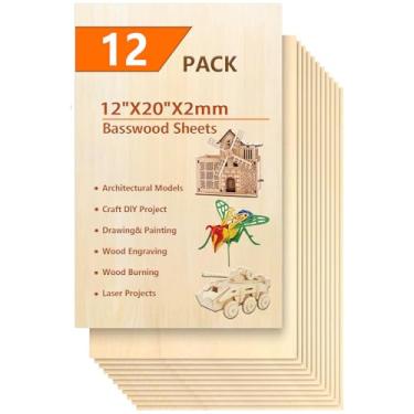 Imagem de twinsfox Pacote com 12 Folhas de Tília para Artesanato- Folhas Finas de Compensado- Folhas de Madeira Balsa- Tábuas de Madeira Inacabadas para Pintura, Corte A Laser, Gravação Em M (, 12"X20"X2Mm)