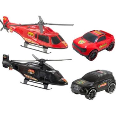 Imagem de Kit 4 Brinquedo Bombeiro Policia Helicóptero Carro Infantil Transporte Infantil Divertido Plástico Resistente