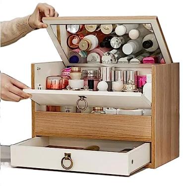 Imagem de Caixa organizadora de maquiagem resistente, prateleira organizadora de cosméticos MDF, com gaveta e espelho, impermeável, à prova de poeira, armário de exibição elegante, adequado para bancada de