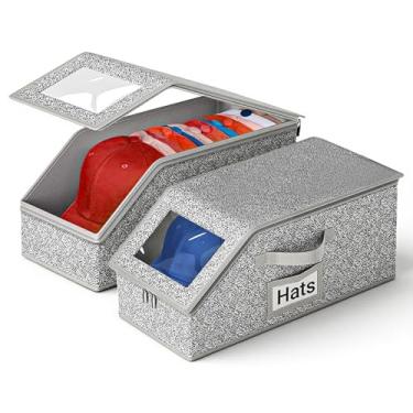 Imagem de Fohil Organizador de 2 peças, caixas empilháveis de chapéus para bonés de beisebol, caixas snapback para brinquedos, meias, organizador de tampa transparente com papelão, cinza