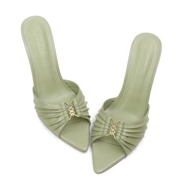 Imagem de iiimmu Sandálias de salto alto stiletto mules de 8,5 cm com bico fino e salto alto de couro sintético, Verde claro, 37