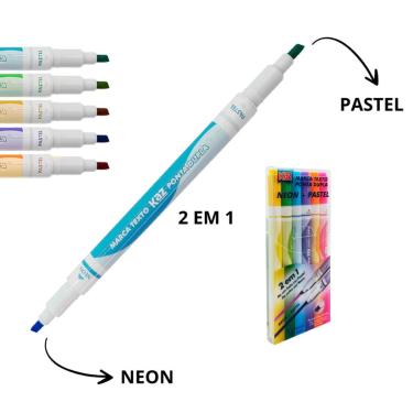 Imagem de PINCEL MARCA TEXTO 2 EM 1 NEON + PASTEL 6 UNIDADES KAZ