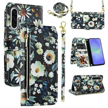 Imagem de Dswteny Capa carteira para Samsung Galaxy A56 5G com alça de pulso removível, bolsa com zíper floral couro PU suporte suporte para cartão acessórios capa de celular para A 56 56A LTE mulheres homens
