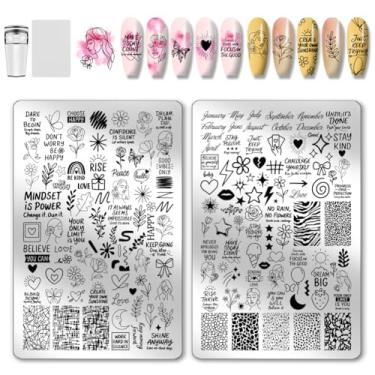 Imagem de PH PandaHall 2 peças placa abstrata de carimbo de unha com frase escrita à mão, modelo de arte de impressão de aço inoxidável, placa de imagem de unhas de flor, estênceis artísticos para mulheres