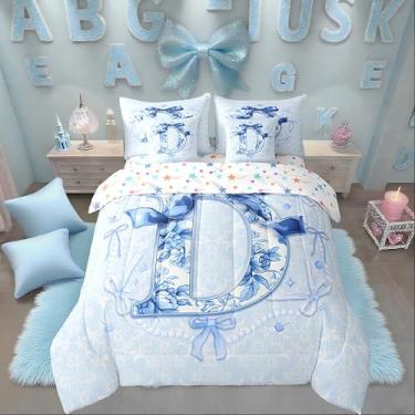 Imagem de Erosebridal Conjunto de edredom casal com laço floral azul, 7 peças, com inicial flor, laço de coquete, para meninas adolescentes, azul, com laço D em uma bolsa, presentes de aniversário iniciais para