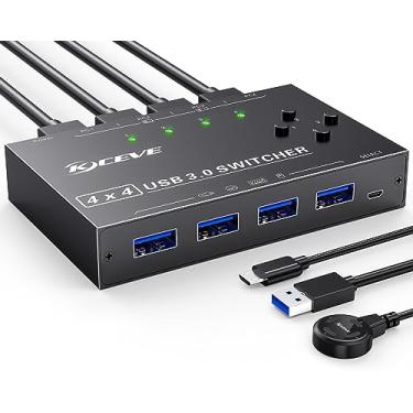 Imagem de USB 3.0 Switch 4 Computadores, USB Switch 4 Computadores Compartilhar 4 Dispositivos USB, USB 3.0 Switcher para o Escâner de Impressora de Teclado do rato, com Cabos de Cabo Remoto e 4 Cabos