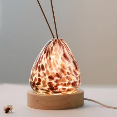 Imagem de Wisifayardin Vaso de vidro marrom soprado à mão 8 cm em forma de vulcão/base de madeira USB - decoração de uso duplo (casamento/escritório/presente)