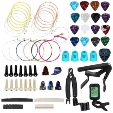 Imagem de NERECNDENS Kit de acessórios de guitarra com 66 peças, ferramenta de troca acústica, incluindo cordas acústicas de guitarra, palhetas, capo, enrolador e cortador de cordas, afinador, bones, para