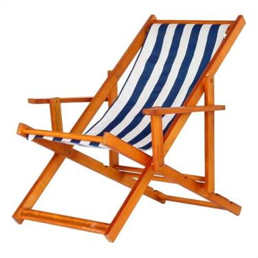 Imagem de Espreguiçadeira em Madeira Maciça para Piscina, Praia – Com Braço, Dobrável, Acabamento Envernizado (Listrado Azul e Branco)