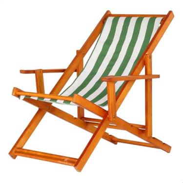 Imagem de Espreguiçadeira em Madeira Maciça para Piscina, Praia – Com Braço, Dobrável, Acabamento Envernizado (Listrado Verde e Branco)