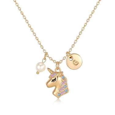 Imagem de chorfla Colar de unicórnio, presente para meninas. Pingente banhado a ouro 14 K, colar de pérolas com inicial A-Z, presentes de aniversário para meninas e crianças, Banhado a ouro, Sem Pedra Preciosa