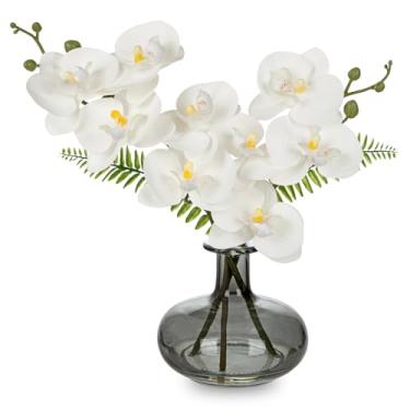 Imagem de Flores artificiais de orquídeas brancas com vaso, arranjo de orquídeas falsas pequenas flores falsas em vaso de vidro tecido preto e branco, peças centrais brancas pequenas para cozinha, sala de
