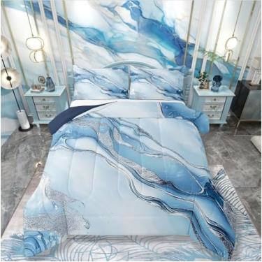 Imagem de Erosebridal Conjunto de cama de mármore azul, azul, tie dye, prata, tamanho Queen, arte marmorizada, para meninos e mulheres, decoração de quarto abstrata, arte fluida