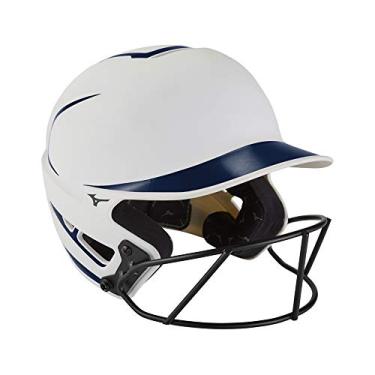 Imagem de Capacete de rebatida Mizuno F6 Youth Fastpitch softball com máscara, branco-azul-marinho, tamanho único juvenil