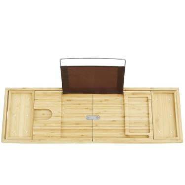 Imagem de Bandeja de banheira de madeira de bambu para livros, tablets, taças de vinho, bandeja de banheira dobrável, suporte multiuso, mesa de banho resistente com laterais expansíveis para banheiro (1, cor de
