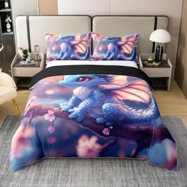 Imagem de Manfei Capa de edredom infantil Kawaii Dragon 100% algodão, tamanho casal, ukiyo-e flor de cerejeira japonesa, conjunto de cama para meninos e meninas, desenho animado dragão animal ocidental, azul