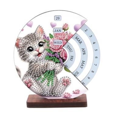 Imagem de AiYuanzsh Kit de calendário perpétuo de mesa de arte de diamante 3D, enfeite de mesa de madeira DIY com design de gato fofo, pintura de diamante cintilante, decoração de mesa, presente para casa e