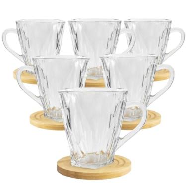 Imagem de Conjunto De 6 Xícaras De Vidro Facetadas Para Chá Café 250 Ml Com Pires De Bambu