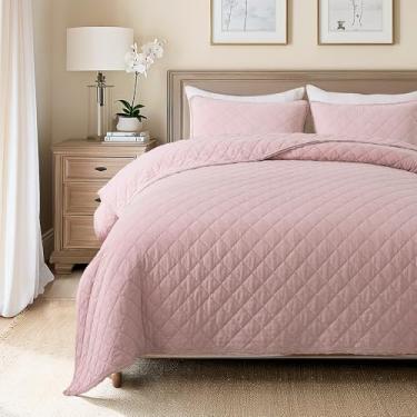 Imagem de Soul & Lane Conjunto de colcha de algodão com diamante blush – Queen Size com 2 fronhas, edredom acolchoado chique gasto, colcha leve e romântica com estampa de diamante em rosa macio, borda recortada