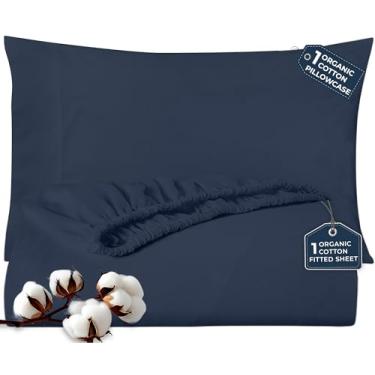 Imagem de ROYALE LINENS Lençol de elástico com fronha – Lençol de casal com 1 fronha – 300 fios 100% algodão orgânico – adequado para colchão de até 45,7 cm de profundidade – ultramacio e respirável – Azul