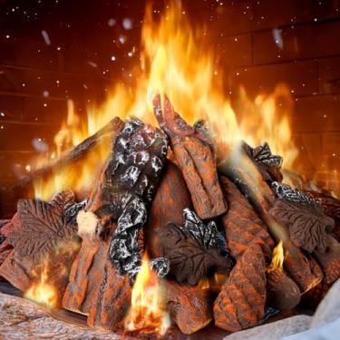 Imagem de Yalikop Conjunto de 20 peças de cerâmica para lareira a gás, troncos de madeira falsa, pinhas, folhas de bordo, bolotas para propano, sem ventilação, inserções de gás, lareira interna e externa