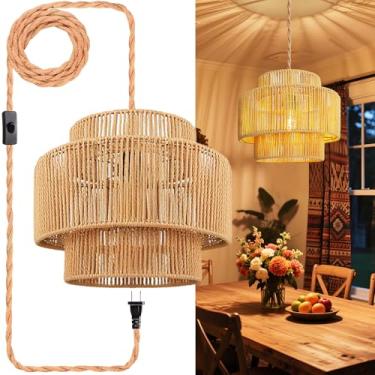 Imagem de Candeeiros pendurados em vime - cabo de plugue de 5 m, luminária pendurada, plugue na tomada de parede, iluminação pendente com interruptor liga/desliga para sala de estar no quarto (persiana)