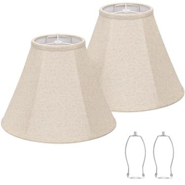 Imagem de Conjunto de 2 persianas de sino, substituição de persiana bege para candeeiros de mesa, candeeiros de chão, 15 cm superior x 33 cm inferior x 25 cm de altura, tecido de linho natural feito à mão