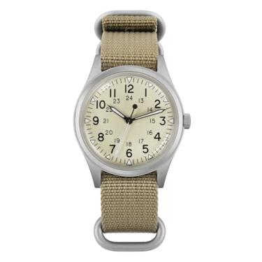 Imagem de Militado ML07 36 mm VH31 Relógio de quartzo – Relógio Sweep Second Crystal Field C3 Relógio de pulso verde luminoso retrô Sweep para homens 100 m à prova d'água, Vidro mineral bege/K1