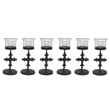 Imagem de Hosley Conjunto de 6 castiçais votivos pretos de metal e vidro | Suportes decorativos de luz de chá para decoração de casa, casamento, festas e centros de mesa de jantar