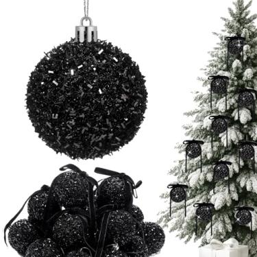 Imagem de Wesiti Conjunto de 24 bolas de Natal com glitter preto, 24 bolas de Natal com glitter, 6,6 cm, à prova de estilhaçamento, com 24 enfeites de lantejoulas; decoração de árvore de Natal para pendurar em