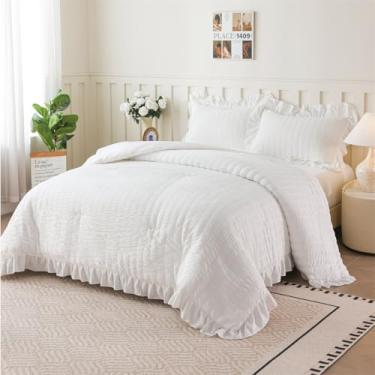 Imagem de NTBED Conjunto de edredom Seersucker para meninas, crianças, macio, chique, com babados, 5 peças de cama de princesa em uma bolsa (branco, casal)