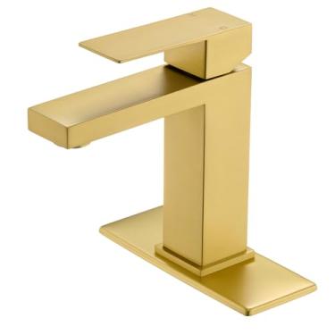 Imagem de WINKEAR Torneira de banheiro dourada escovada, torneira de aço inoxidável com tampa de drenagem pop-up e mangueiras de água, torneira de banheiro fácil de instalar 1 orifício para pia de banheiro