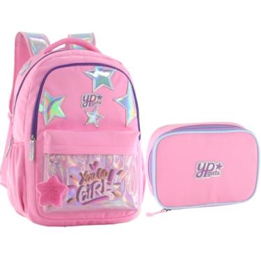 Imagem de Kit Mochila Candy Colorido Estrela Holográfico Com Chaveiro Pompom Estojo Box Juvenil (MF8235-ROSA)