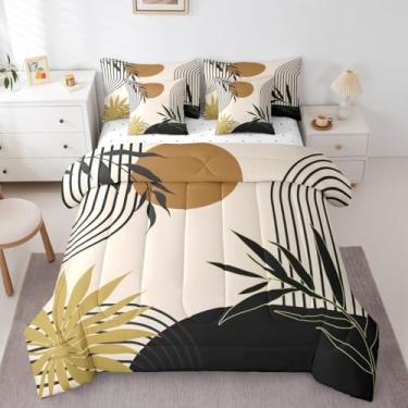 Imagem de Conjunto de edredom queen dourado preto de meados do século, cama geométrica abstrata em uma bolsa, conjunto de cama boho de meados do século inclui edredom, conjunto de lençol, fronhas e fronhas