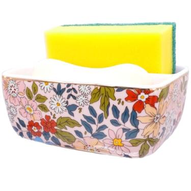 Imagem de LEAZUL Suporte de esponja de cerâmica com 2 compartimentos para pia de cozinha, bonito suporte de esponjas de bancada floral, organizador de pia de fazenda, vintage, rosa