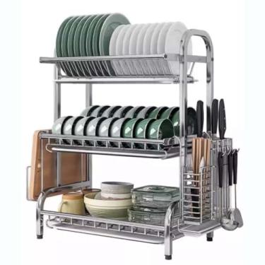 Imagem de WZYCLTT Escorredor de pratos para balcão de cozinha 42 x 25 x 63 cm, escorredor de pratos de aço inoxidável, escorredor de pratos de 3 camadas com suporte de talheres, tábua de corte/suporte de copo